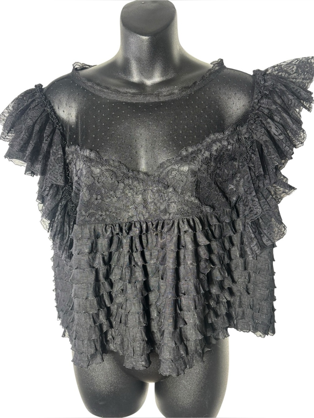 Anthro Maeve women’s medium sheer ruffle lace blouse Whimsigoth dopamine - Picture 2 of 8